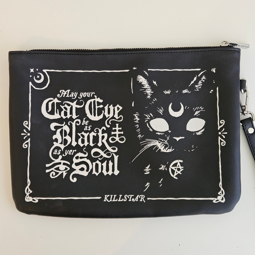 Killstar Black Soul Wristlet Clutch Bag Black Goth Cat Graphic Pouch